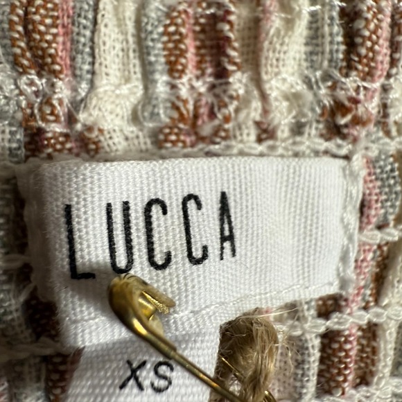 Lucca Linen‎ Cotton Striped Smocked Midi Dress Ruffle Hem Boho Cottagecore M - Picture 2 of 5